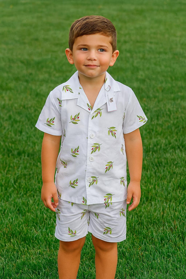 White leaf printed-shortsuit