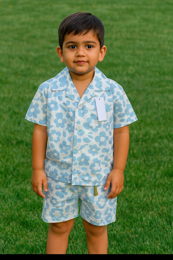Sky blue allover printed-shortsuit