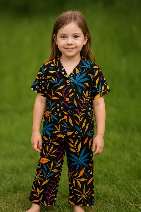 Black Allover leaf printed-Tracksuit