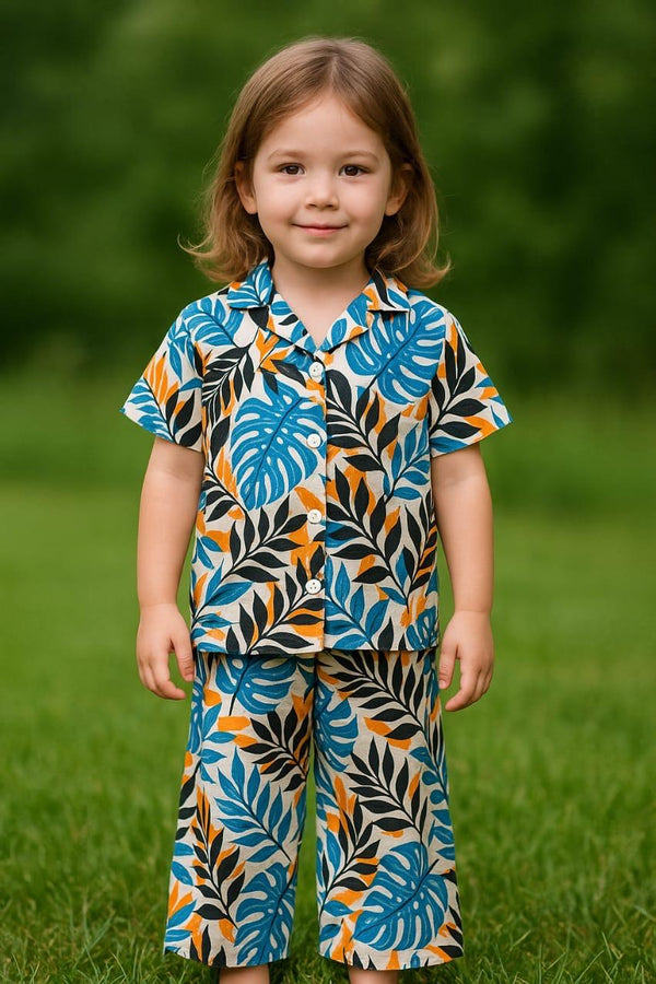 Blue Allover leaf printed-Tracksuit