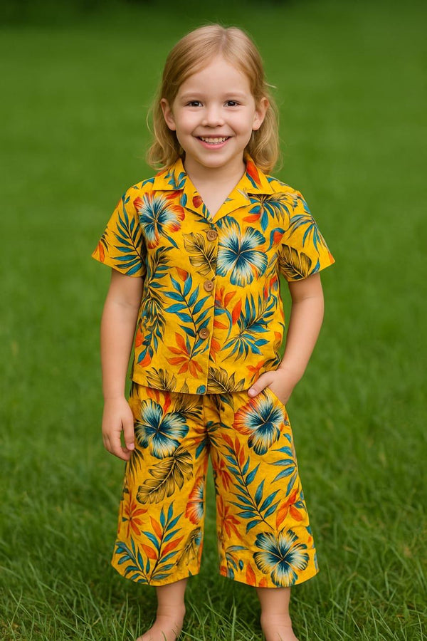 Yellow Allover leaf printed-Tracksuit