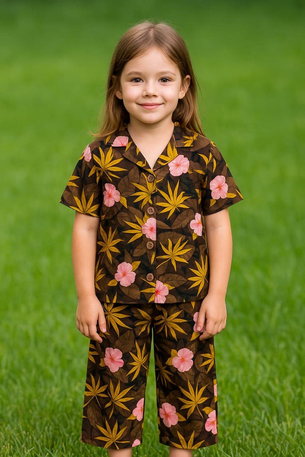 Brown Allover leaf printed-Tracksuit